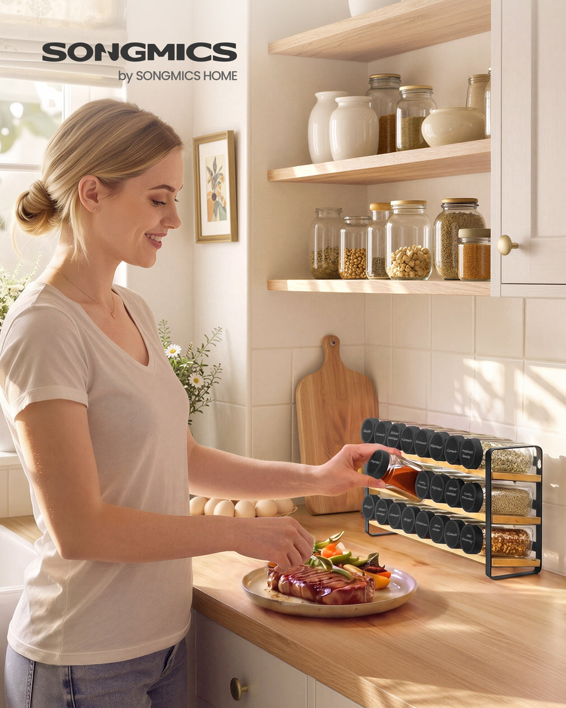 Kruidenrek - 3 Planken - 24 Potjes - Met Etiketten - Inktzwart-Naturel Beige