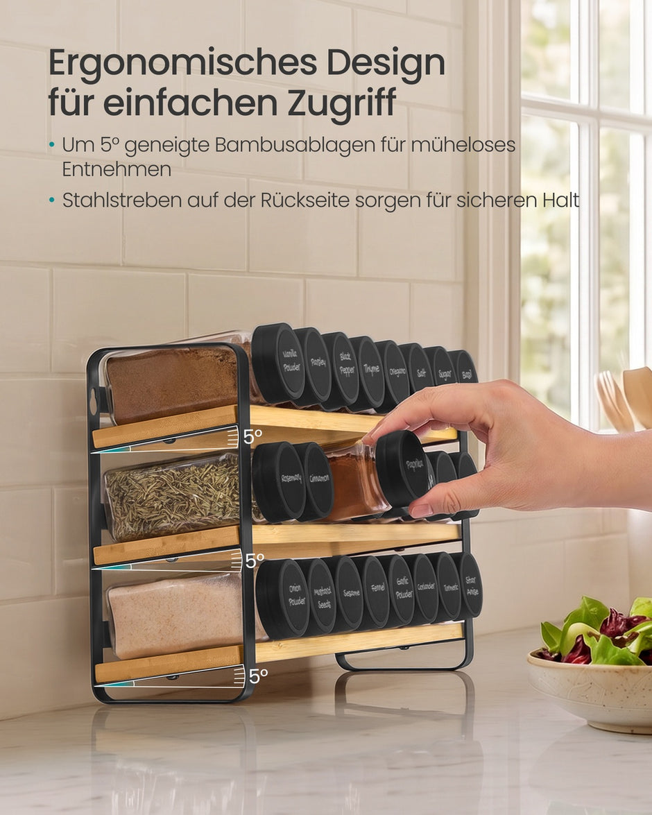Kruidenrek - 3 Planken - 24 Potjes - Met Etiketten - Inktzwart-Naturel Beige