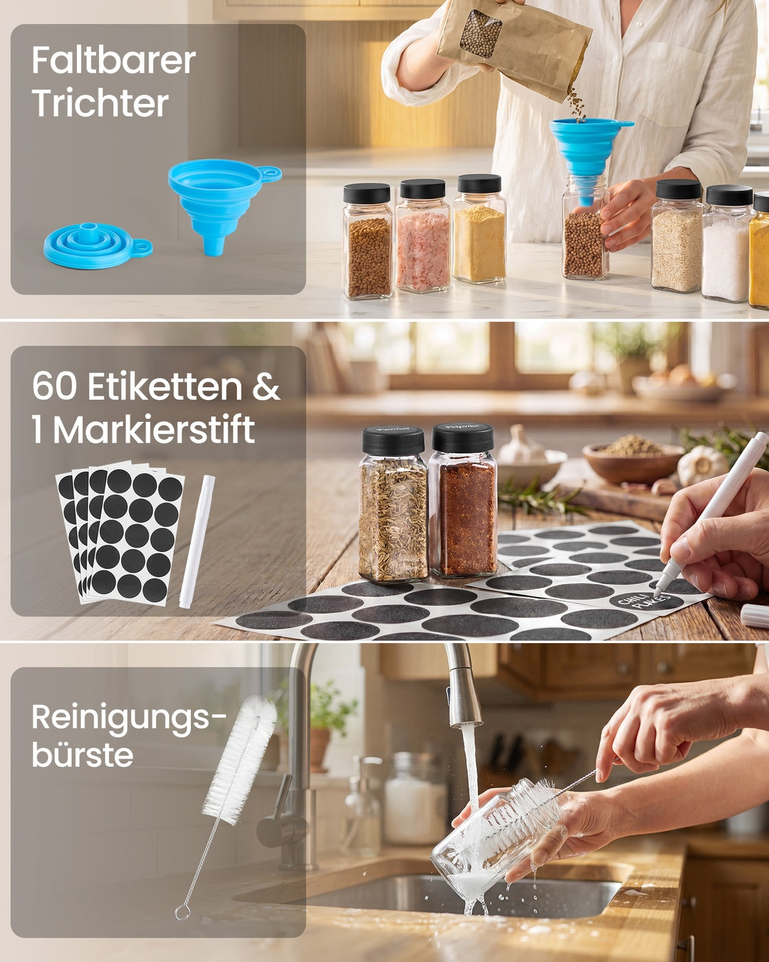 Kruidenrek - 3 Planken - 24 Potjes - Met Etiketten - Inktzwart-Naturel Beige