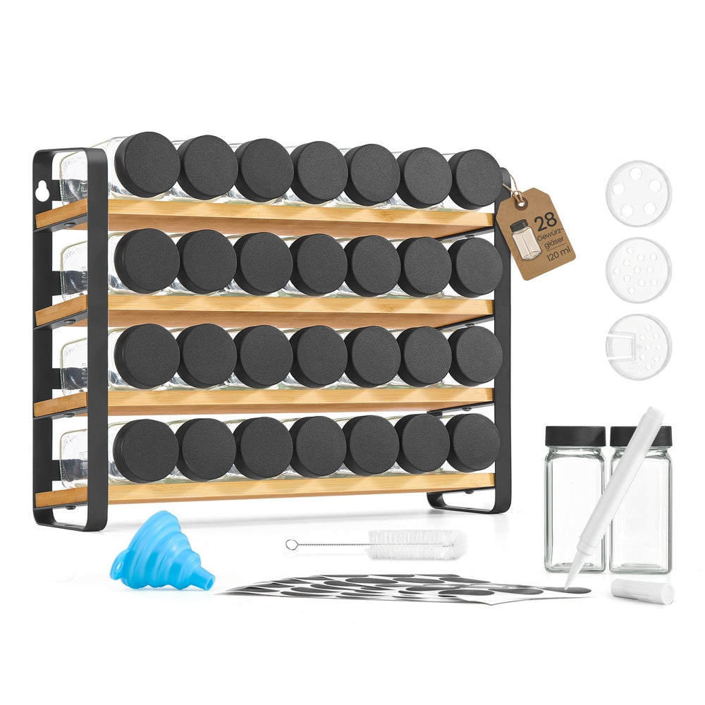 Kruidenrek - 4 Planken - 28 Potjes - Met Etiketten - Inktzwart-Naturel Beige