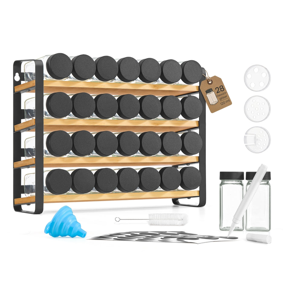 Kruidenrek - 4 Planken - 28 Potjes - Met Etiketten - Inktzwart-Naturel Beige