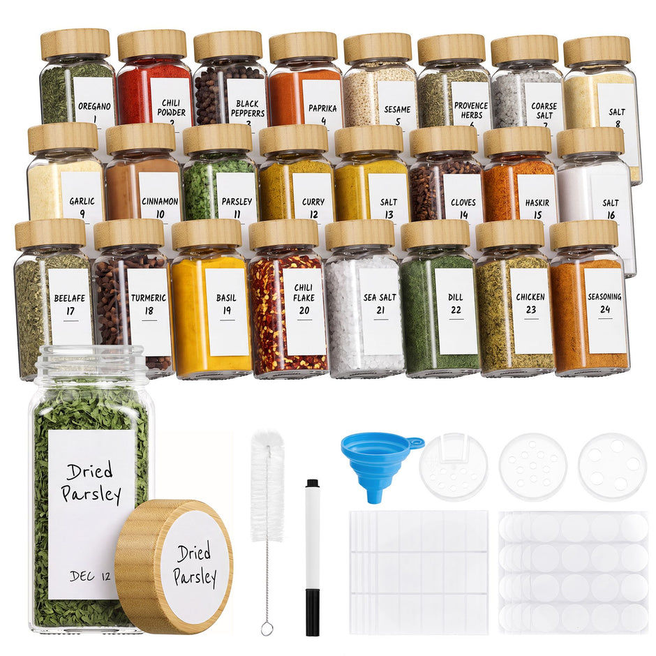 Kruidenpotjes Glas – Set van 24 – 120 ml – Met Strooideksel en Etiketten – Bamboe