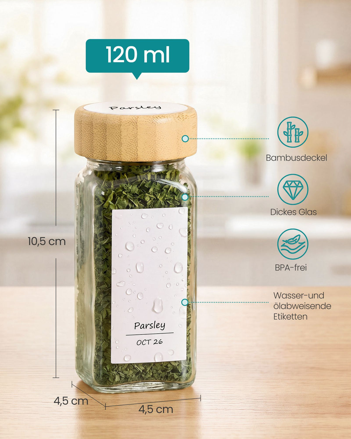 Kruidenpotjes Glas – Set van 24 – 120 ml – Met Strooideksel en Etiketten – Bamboe