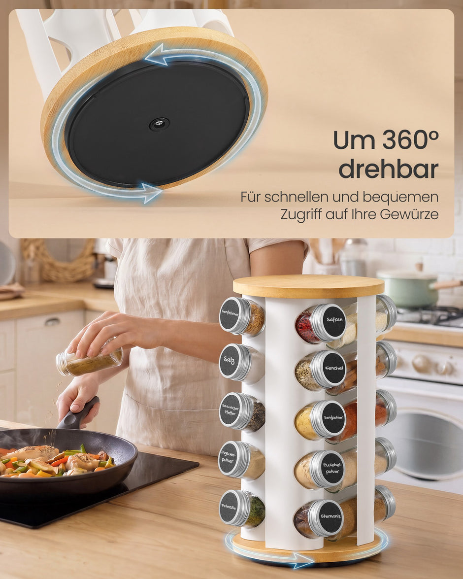 Draaibaar Kruidenrek - 20 Potjes - Met Etiketten - Mat Wit-Naturel Beige