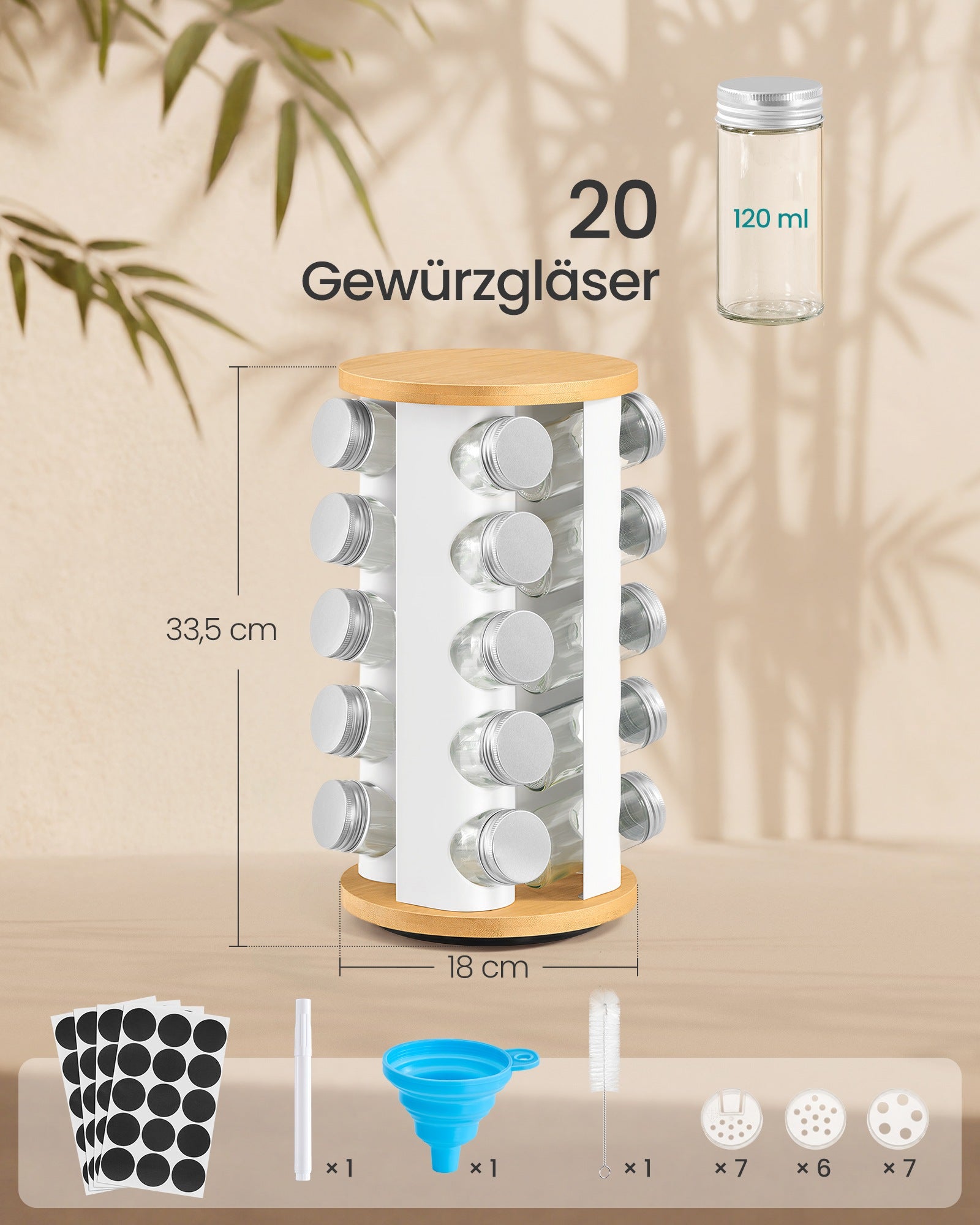 Draaibaar Kruidenrek - 20 Potjes - Met Etiketten - Mat Wit-Naturel Beige