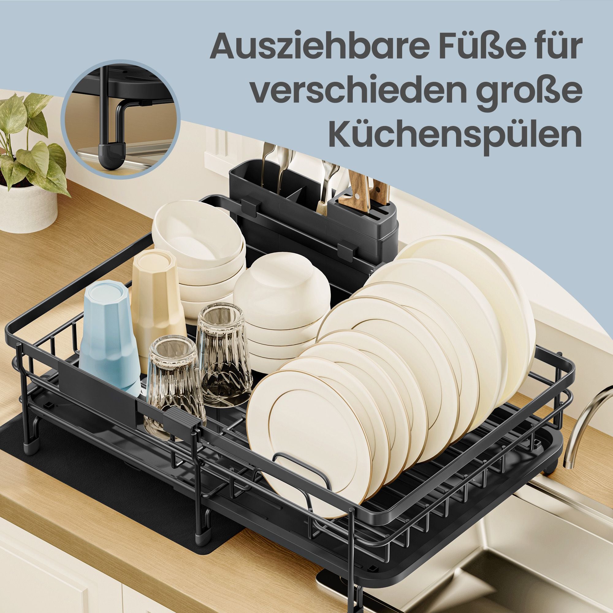 Uitschuifbaar Afwasrek - Staal - Draaibare Afvoertuit - Zwart