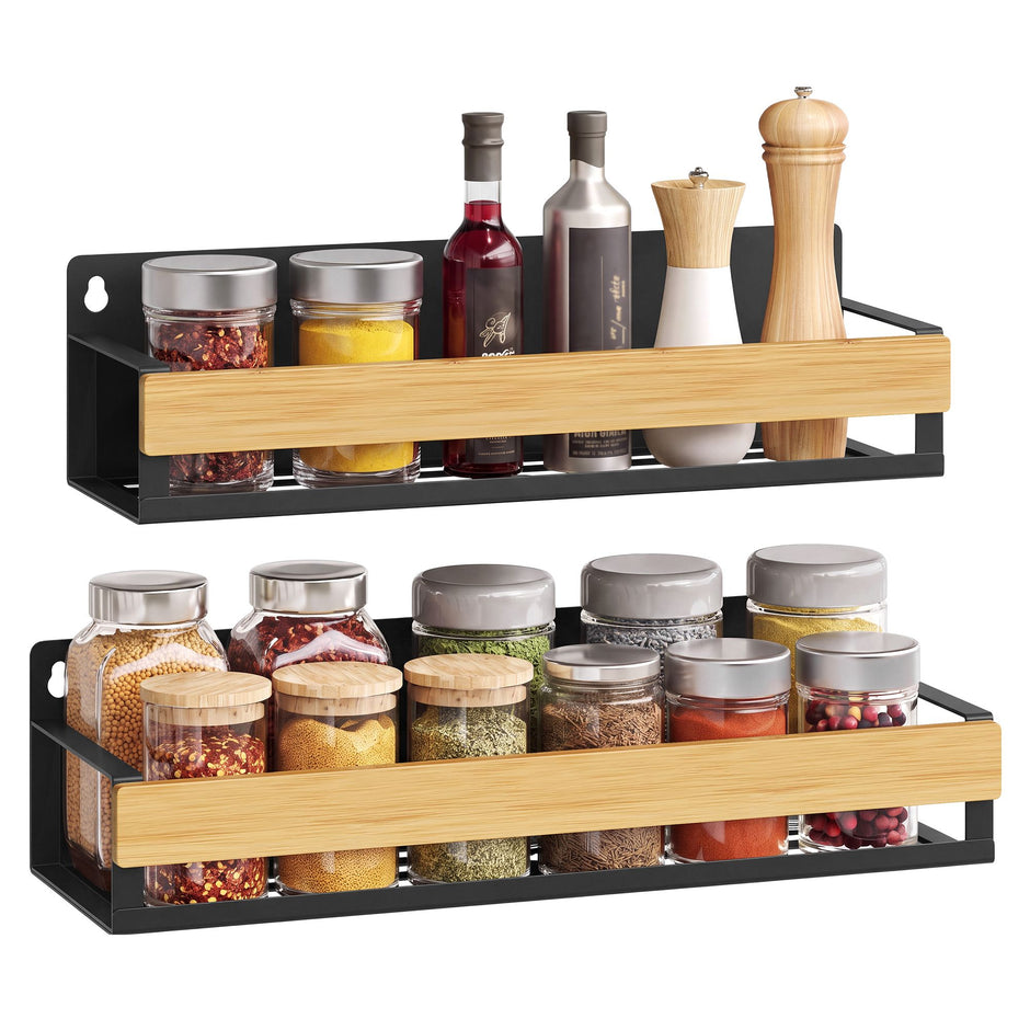 Kruidenrek voor aan de Wand – Set van 2 – Magnetisch – Staal en Bamboe – Inktzwart