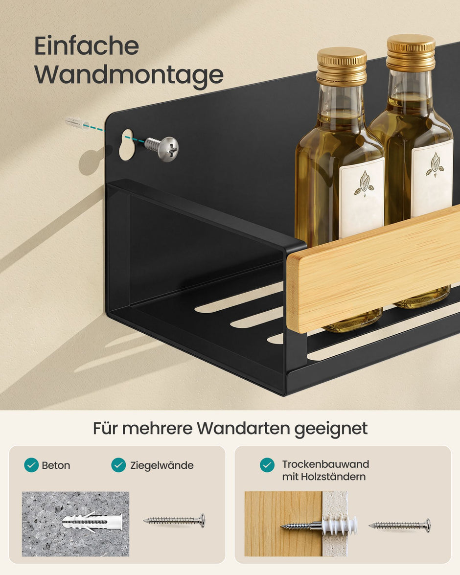 Kruidenrek voor aan de Wand – Set van 2 – Magnetisch – Staal en Bamboe – Inktzwart