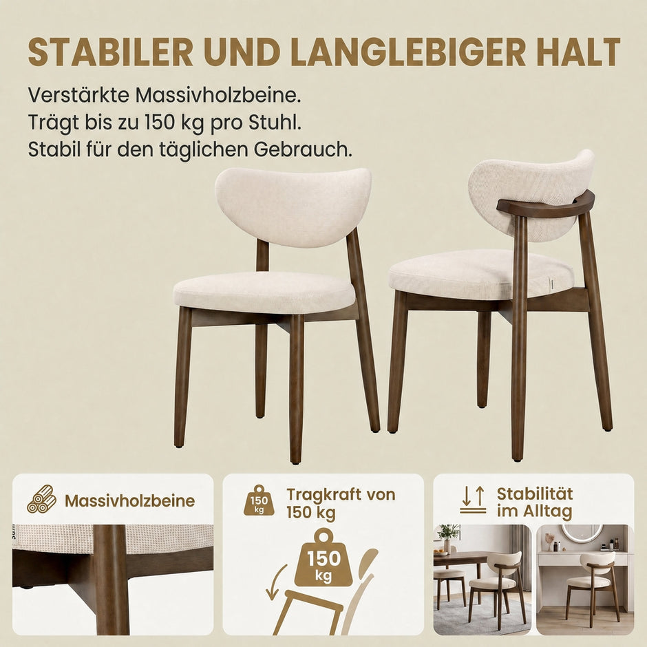 Eetkamerstoelen - Set van 4 - Ergonomische Rugleuning - Massief Hout - Beige