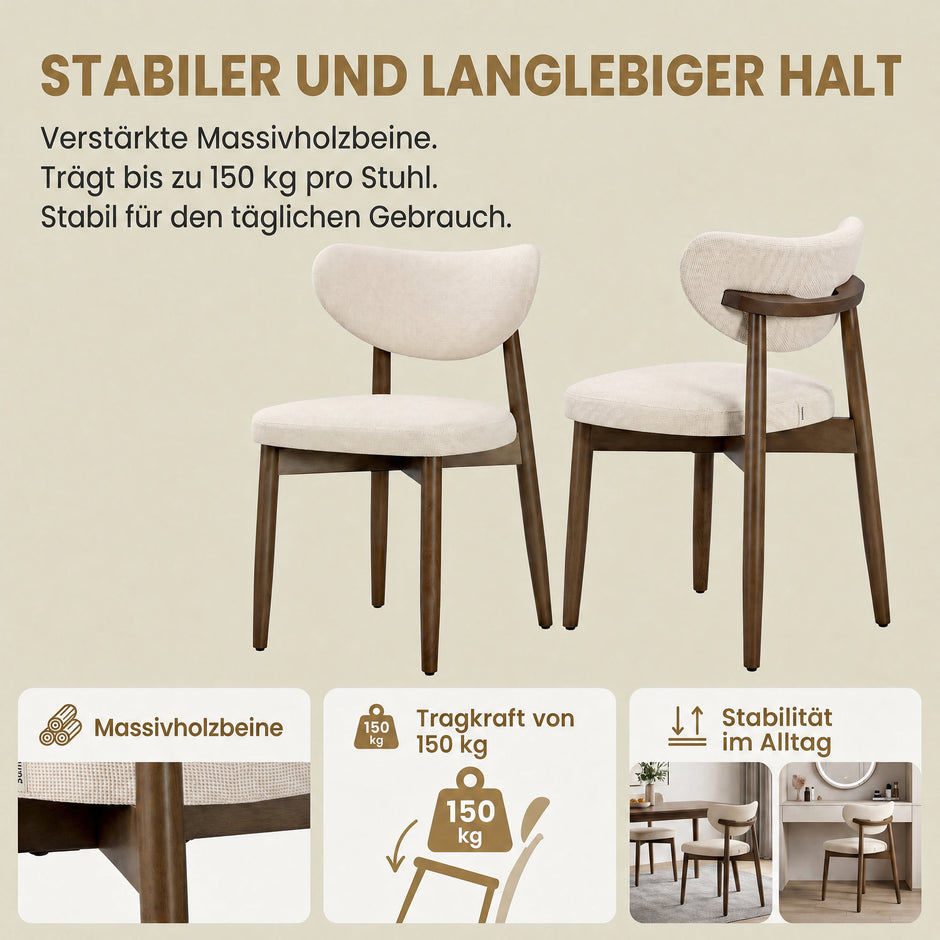 Eetkamerstoelen - Set van 2 - Ergonomische Rugleuning - Massief Hout - Beige