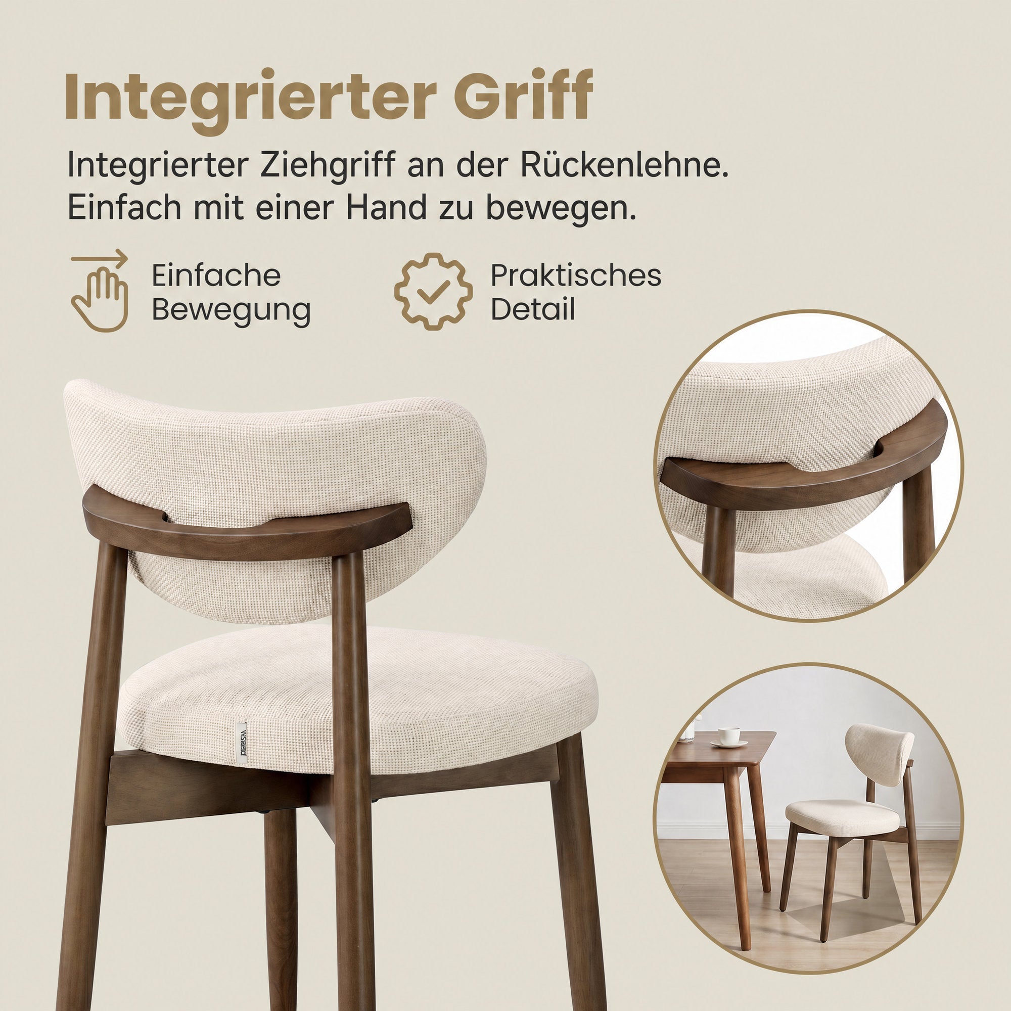 Eetkamerstoelen - Set van 2 - Ergonomische Rugleuning - Massief Hout - Beige