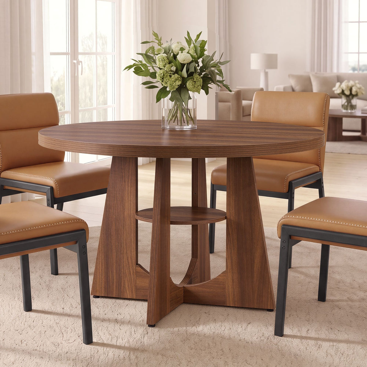 Ronde Eettafel – Ø 120 cm – Met Onderplank – 4-6 Personen – Kastanjebruin
