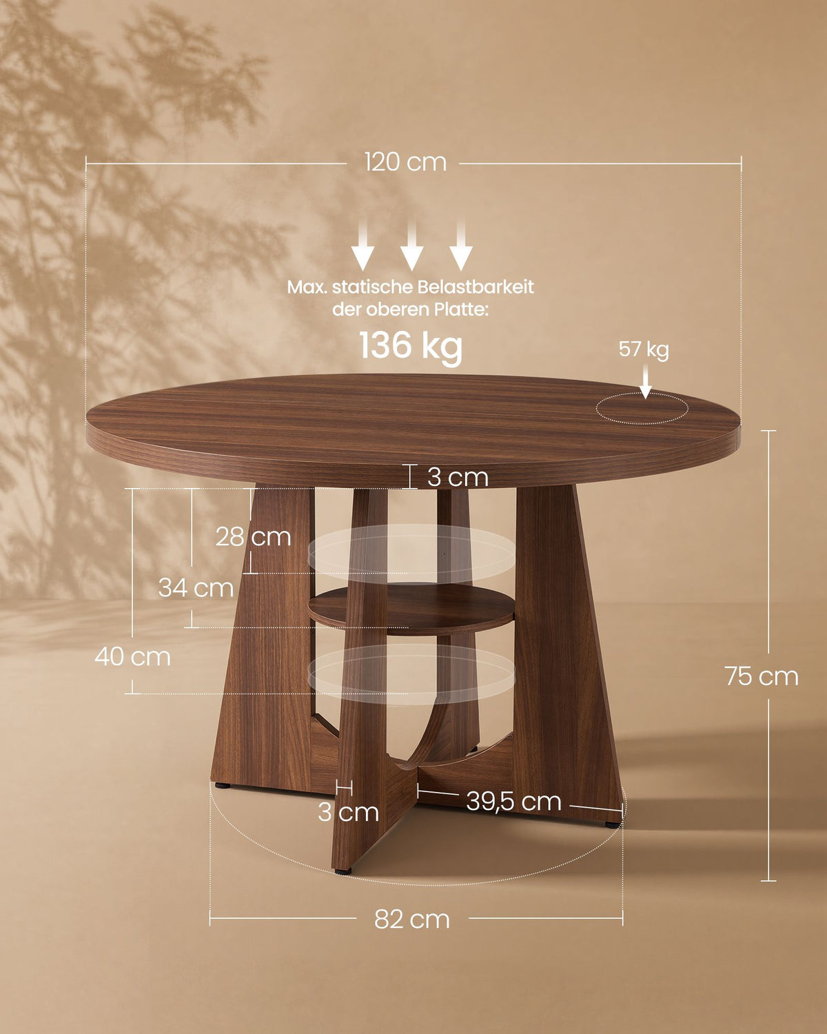 Ronde Eettafel – Ø 120 cm – Met Onderplank – 4-6 Personen – Kastanjebruin