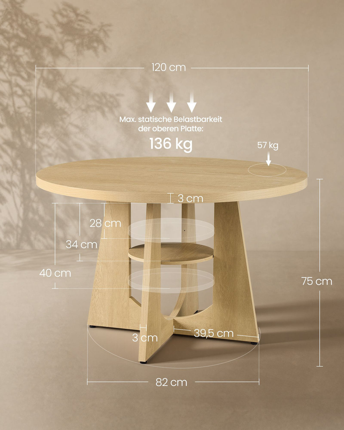 Ronde Eettafel – Ø 120 cm – Met Onderplank – 4-6 Personen – Eikenbeige