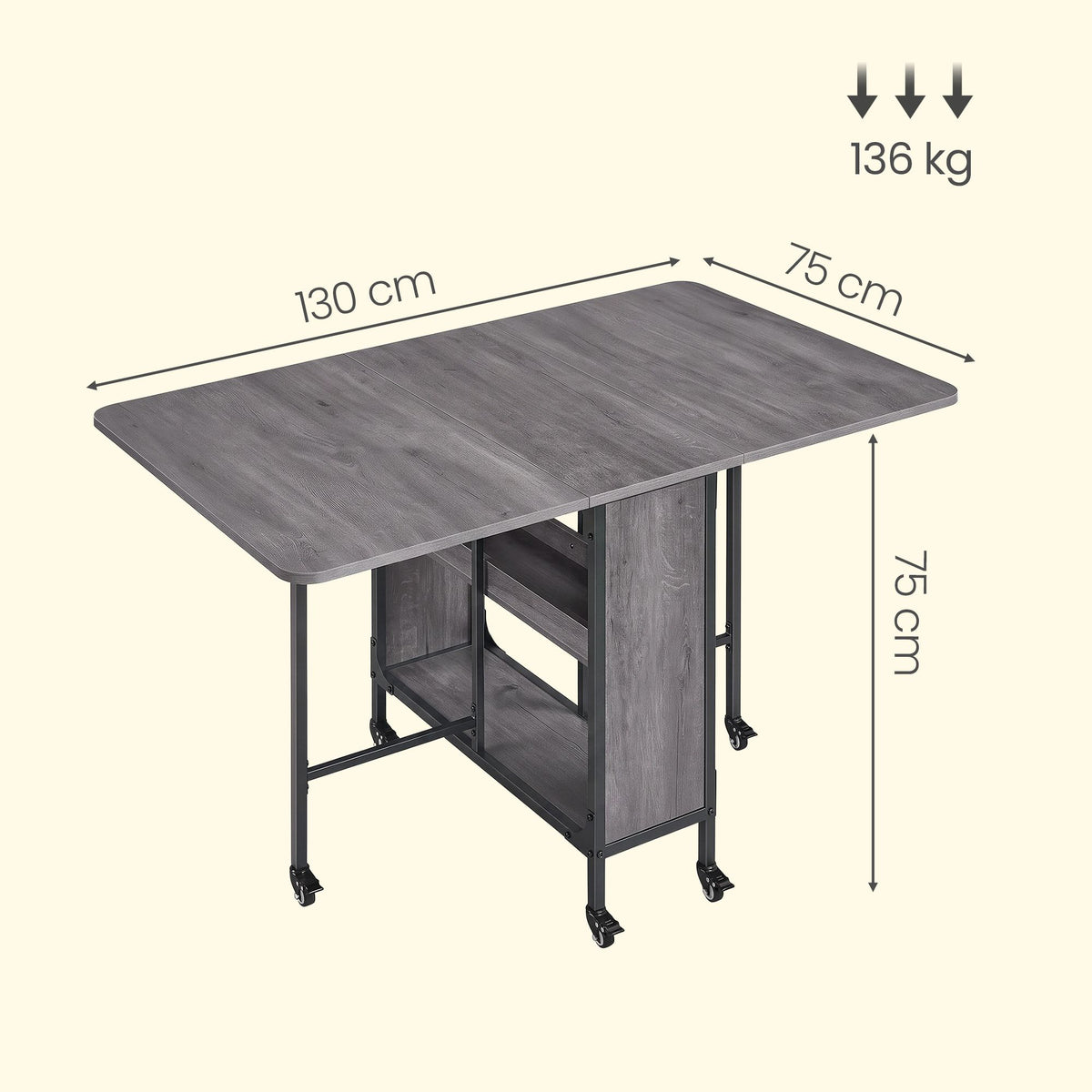 Inklapbare Eettafel – Op Wieltjes – Met Opbergruimte – 130 x 75 cm – Rookgrijs