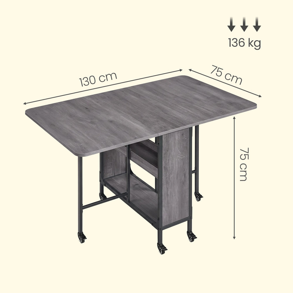 Inklapbare Eettafel – Op Wieltjes – Met Opbergruimte – 130 x 75 cm – Rookgrijs