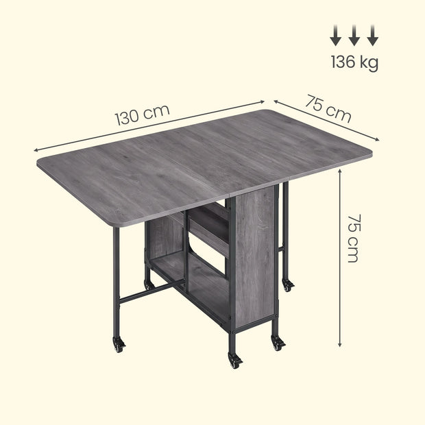 Inklapbare Eettafel – Op Wieltjes – Met Opbergruimte – 130 x 75 cm – Rookgrijs