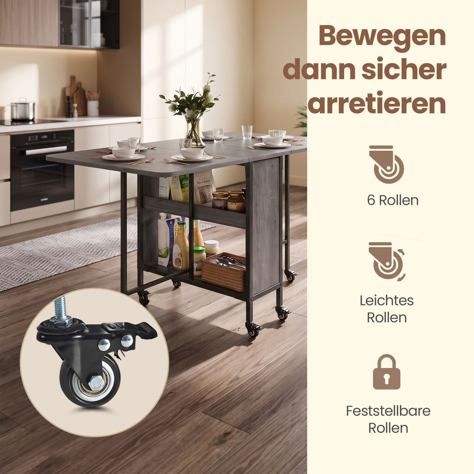 Inklapbare Eettafel – Op Wieltjes – Met Opbergruimte – 130 x 75 cm – Rookgrijs