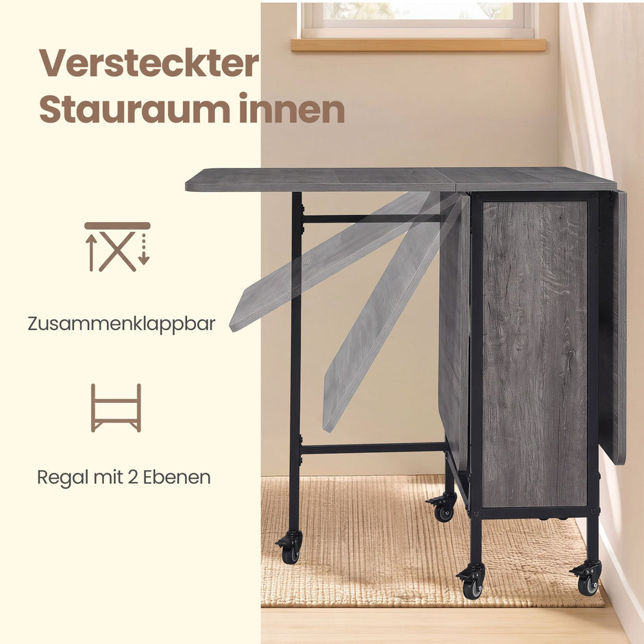 Inklapbare Eettafel – Op Wieltjes – Met Opbergruimte – 130 x 75 cm – Rookgrijs