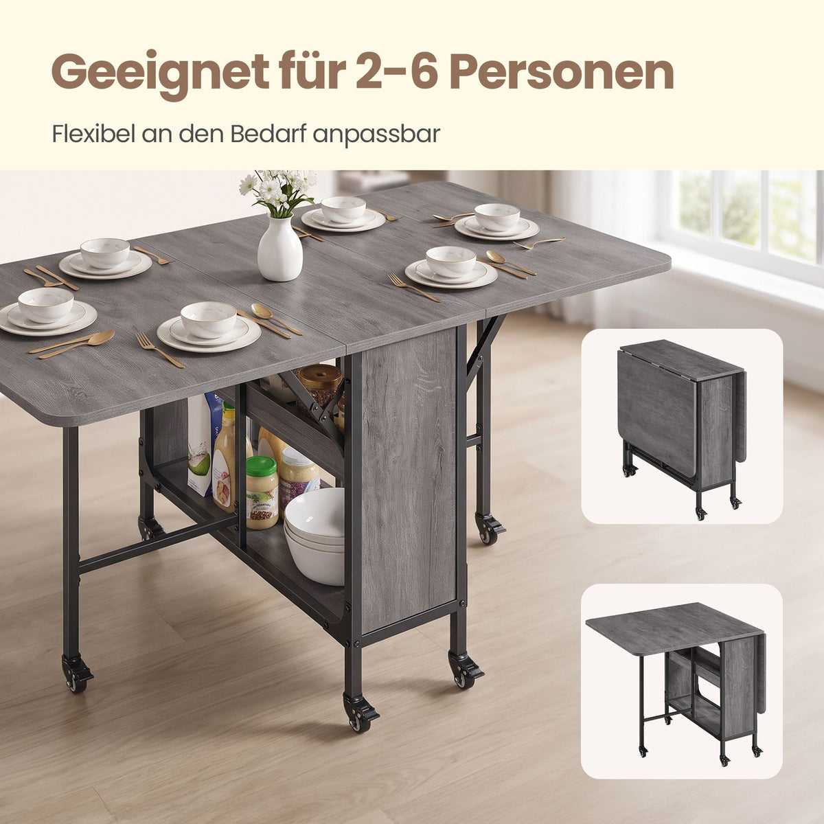 Inklapbare Eettafel – Op Wieltjes – Met Opbergruimte – 130 x 75 cm – Rookgrijs