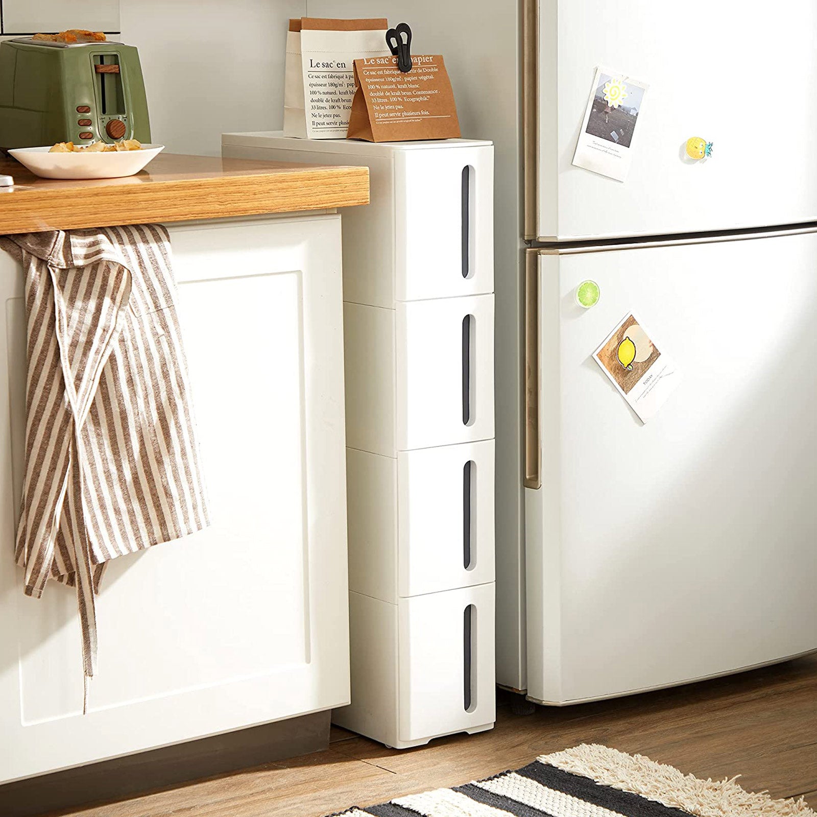 Nisrek - smal vagn - med 4 lådor - utdragbara - på hjul - vit