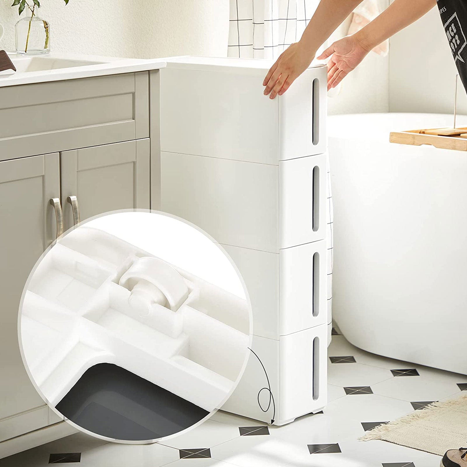 Nisrek - smal vagn - med 4 lådor - utdragbara - på hjul - vit