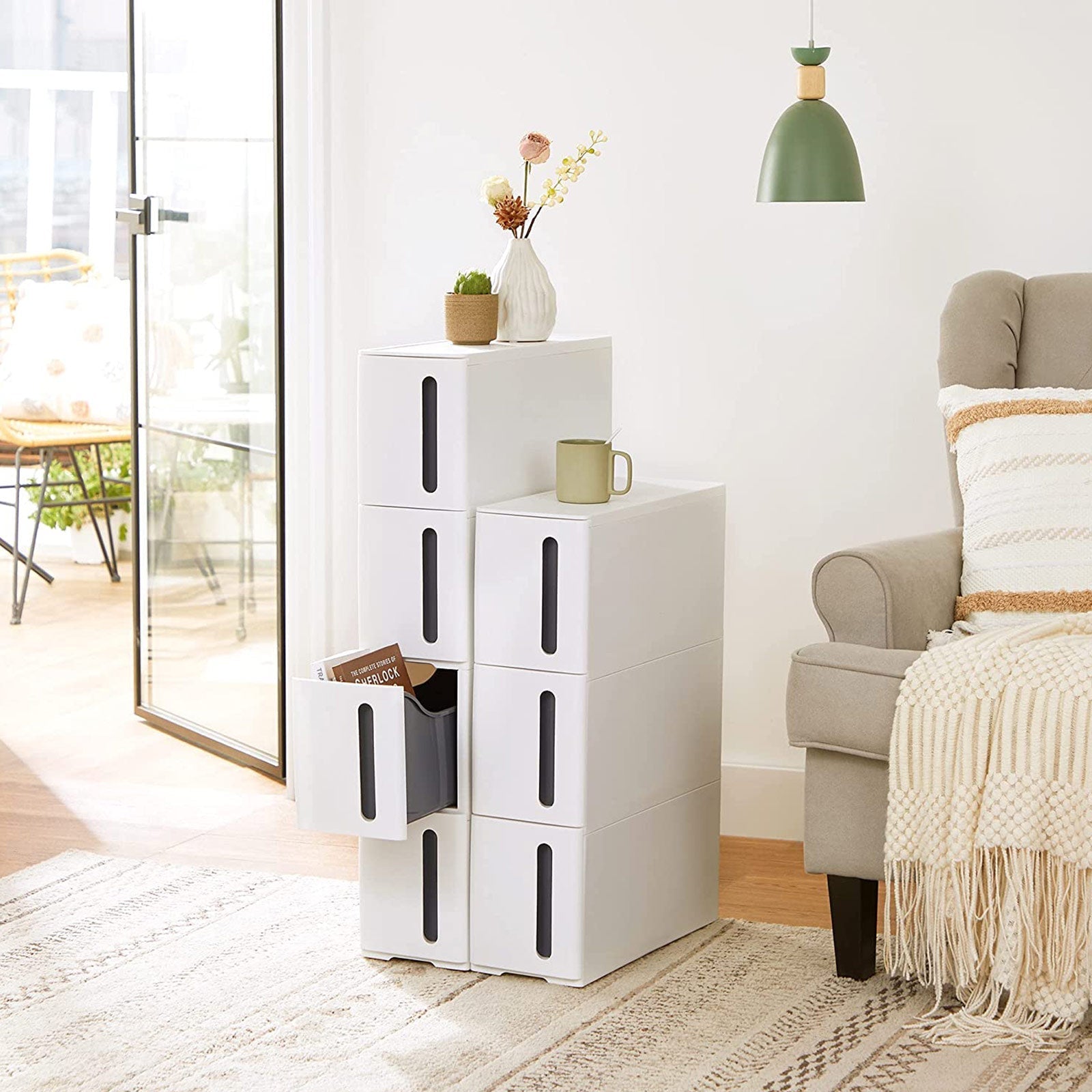 Nisrek - smal vagn - med 4 lådor - utdragbara - på hjul - vit