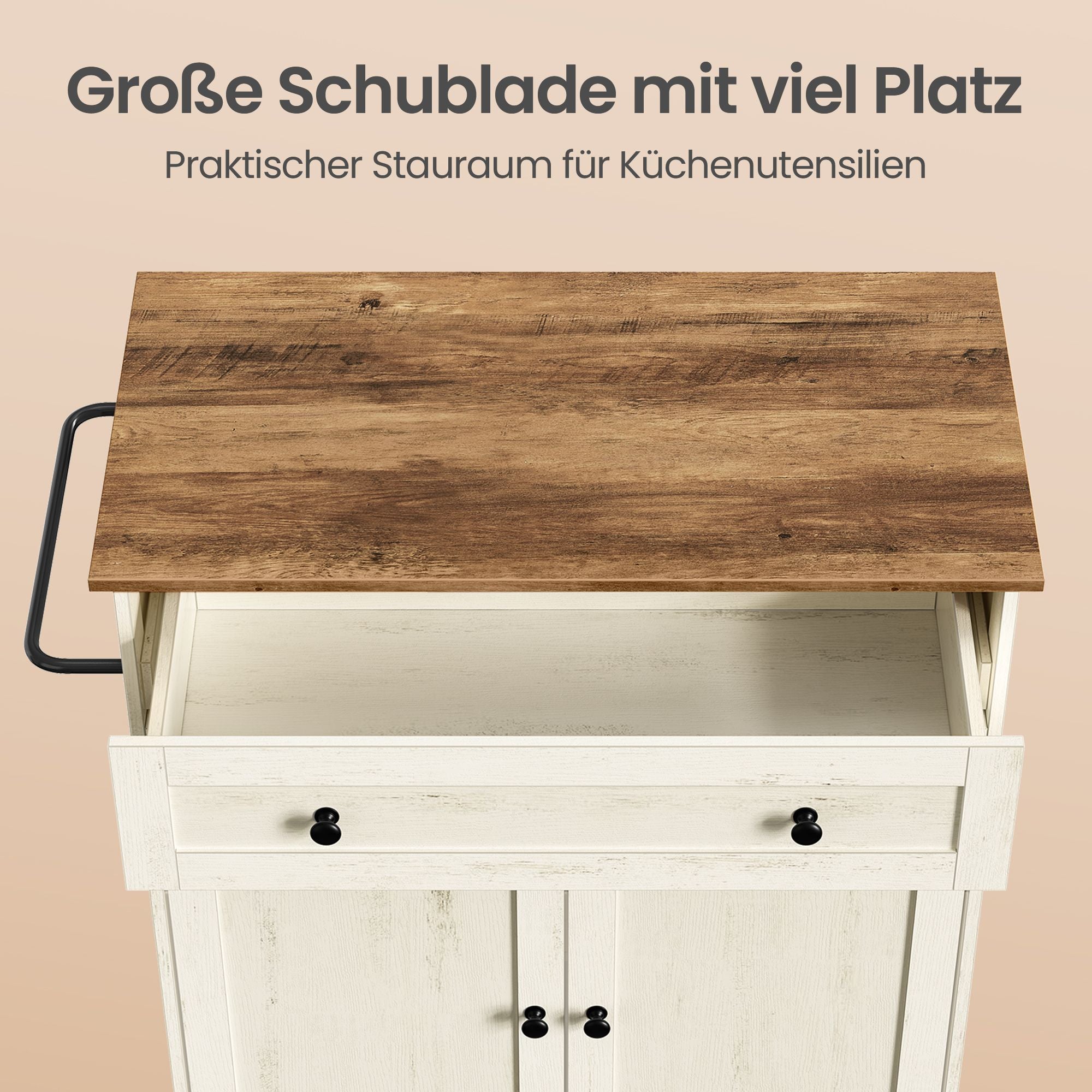 Keukentrolley - Met Kast en Lade - Landelijke Stijl - Op Wielen - Wolkenwit-Honingbruin