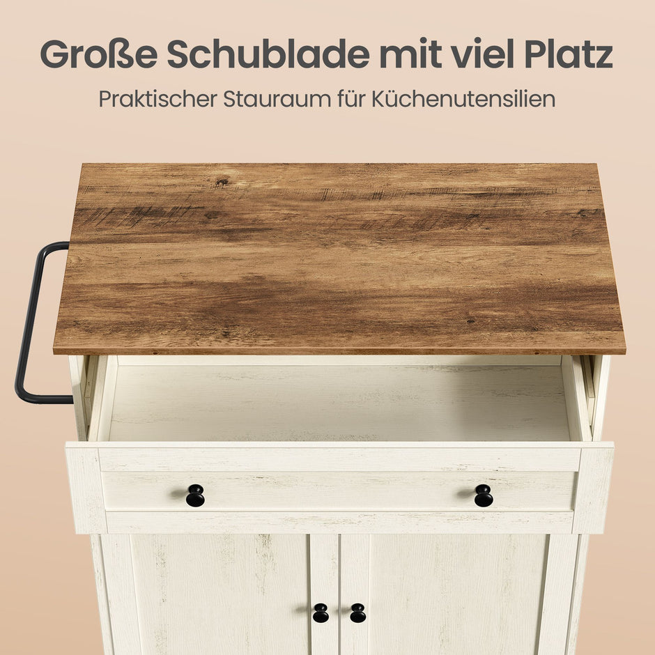 Keukentrolley - Met Kast en Lade - Landelijke Stijl - Op Wielen - Wolkenwit-Honingbruin