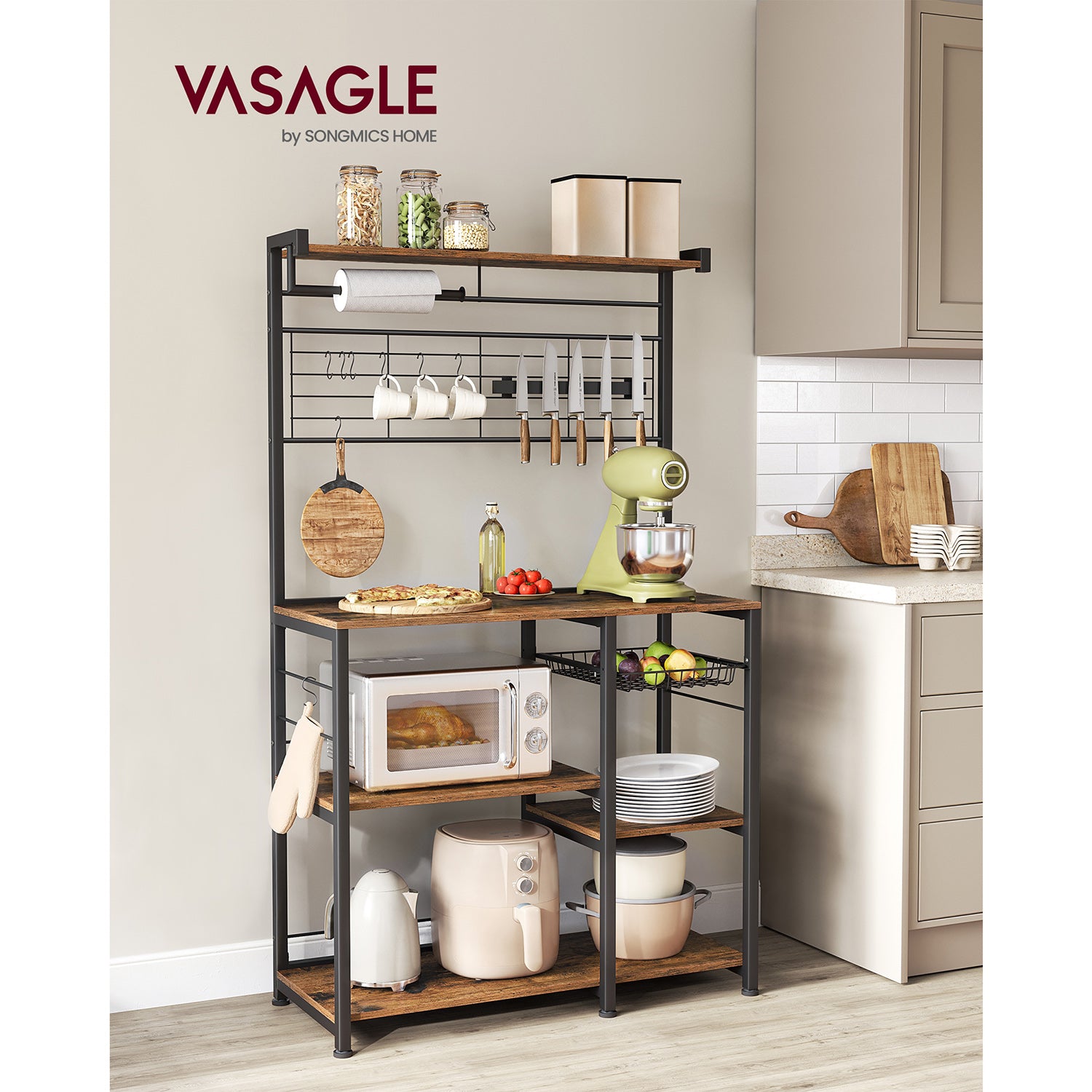 Kökshylla med magnetremsa för knivar och 12 krokar-vintage brun-svart