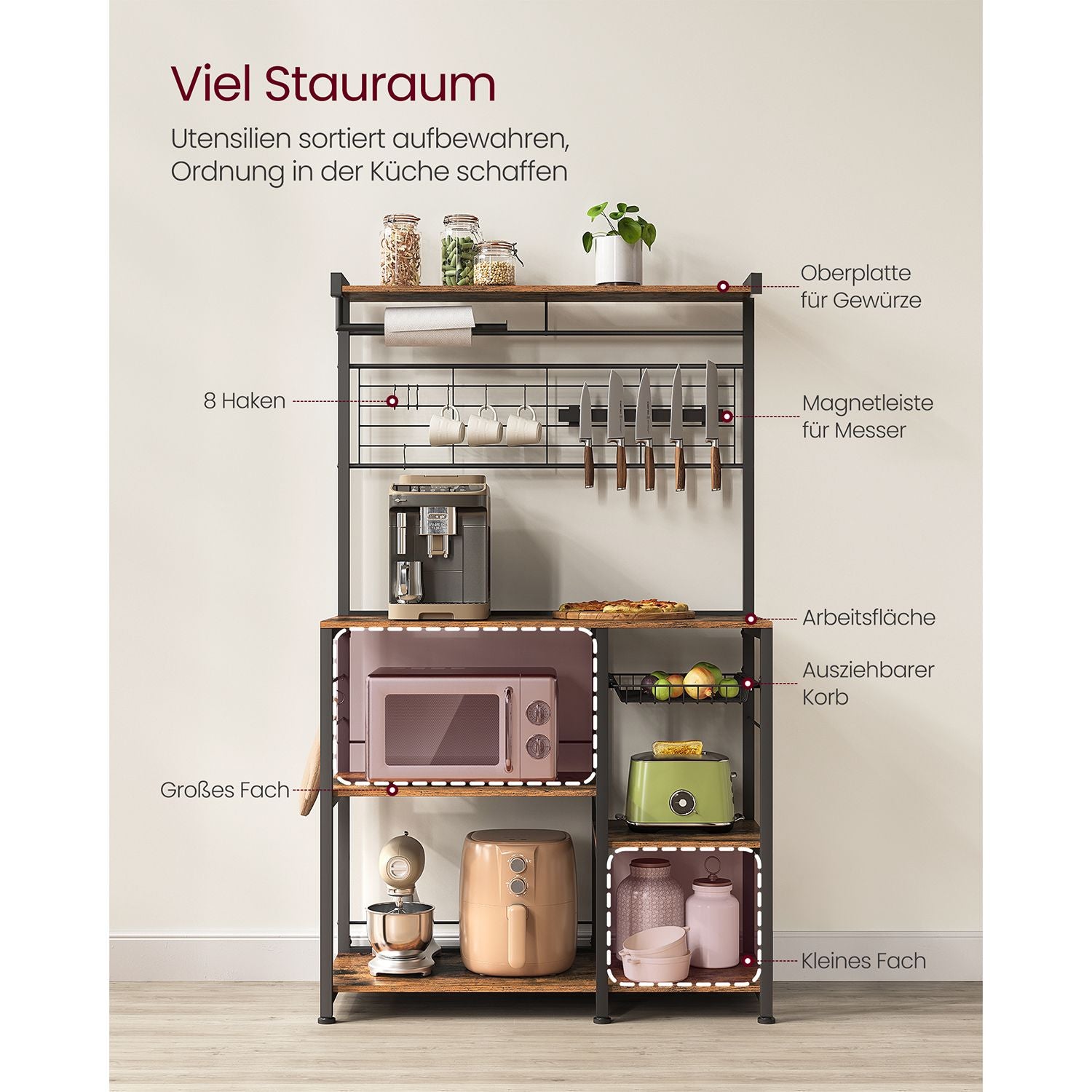 Kökshylla med magnetremsa för knivar och 12 krokar-vintage brun-svart