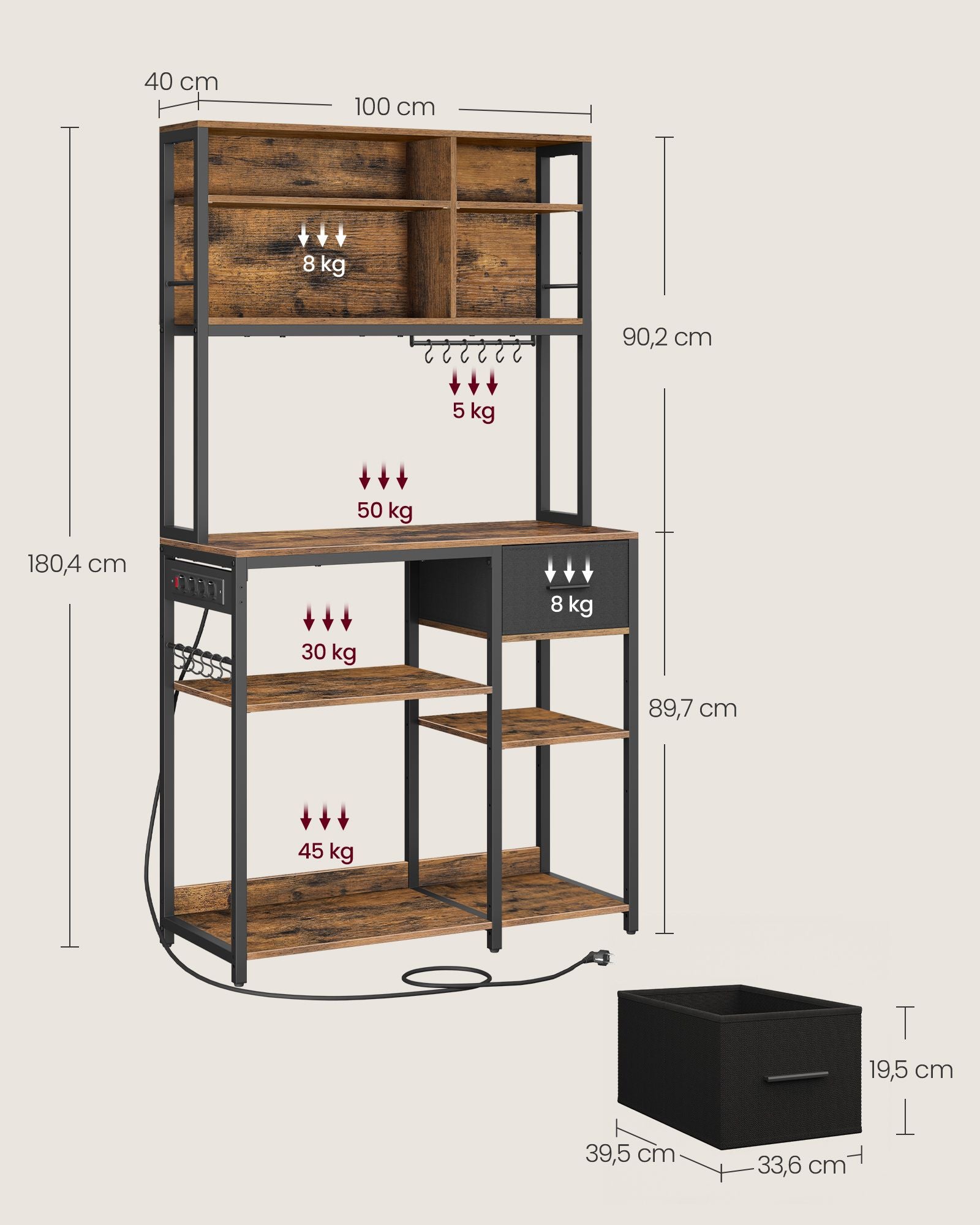 Kökshylla med uttag och låda – Vintage Brown-Inky Black