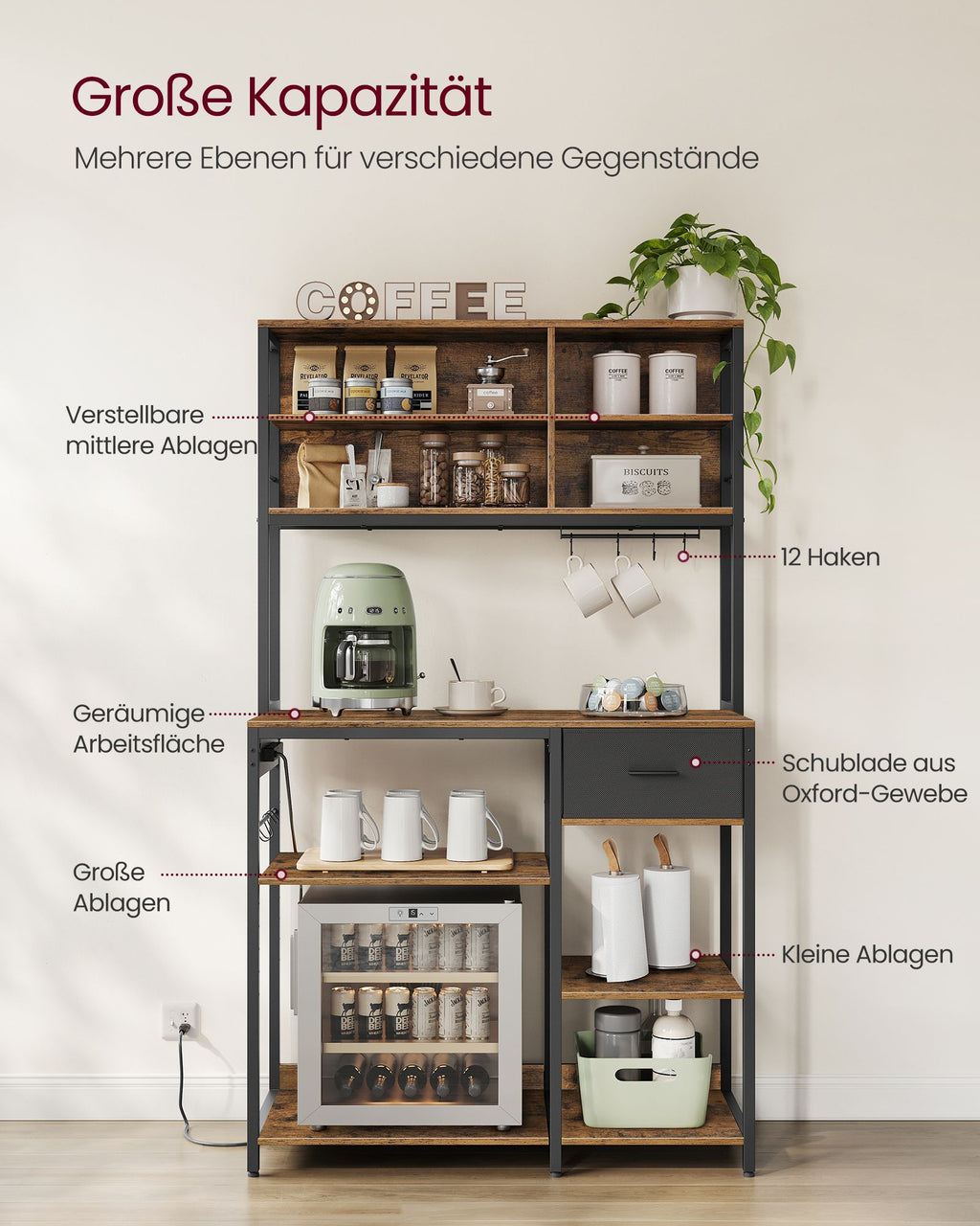 KitchenPlank - med uttag och justerbara hyllor - Vintage Brown & Ink -zwart