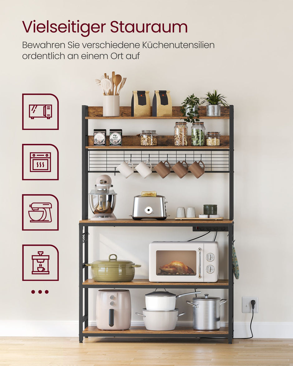 Keukenrek - Met Stopcontacten - Rasterwand - 14 Haken - Vintage Bruin-Zwart