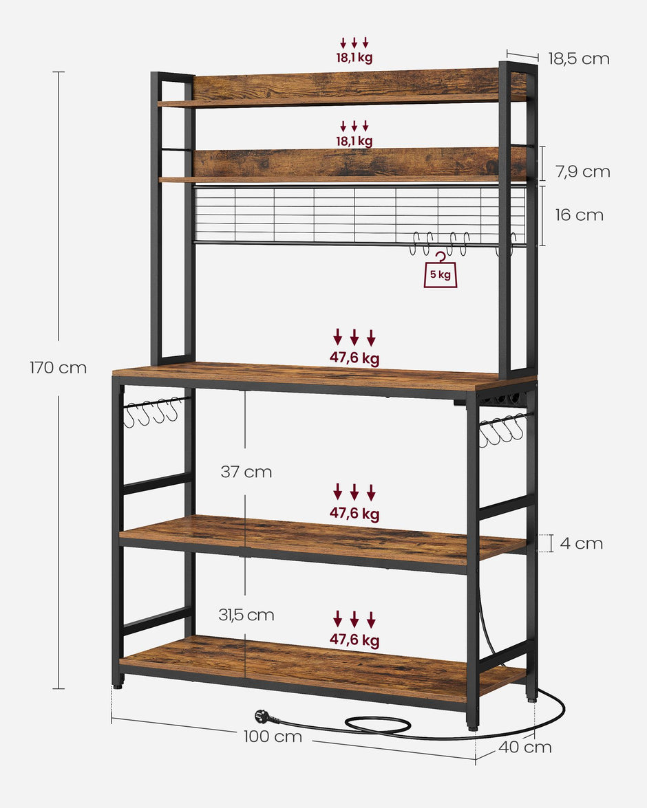 Keukenrek - Met Stopcontacten - Rasterwand - 14 Haken - Vintage Bruin-Zwart