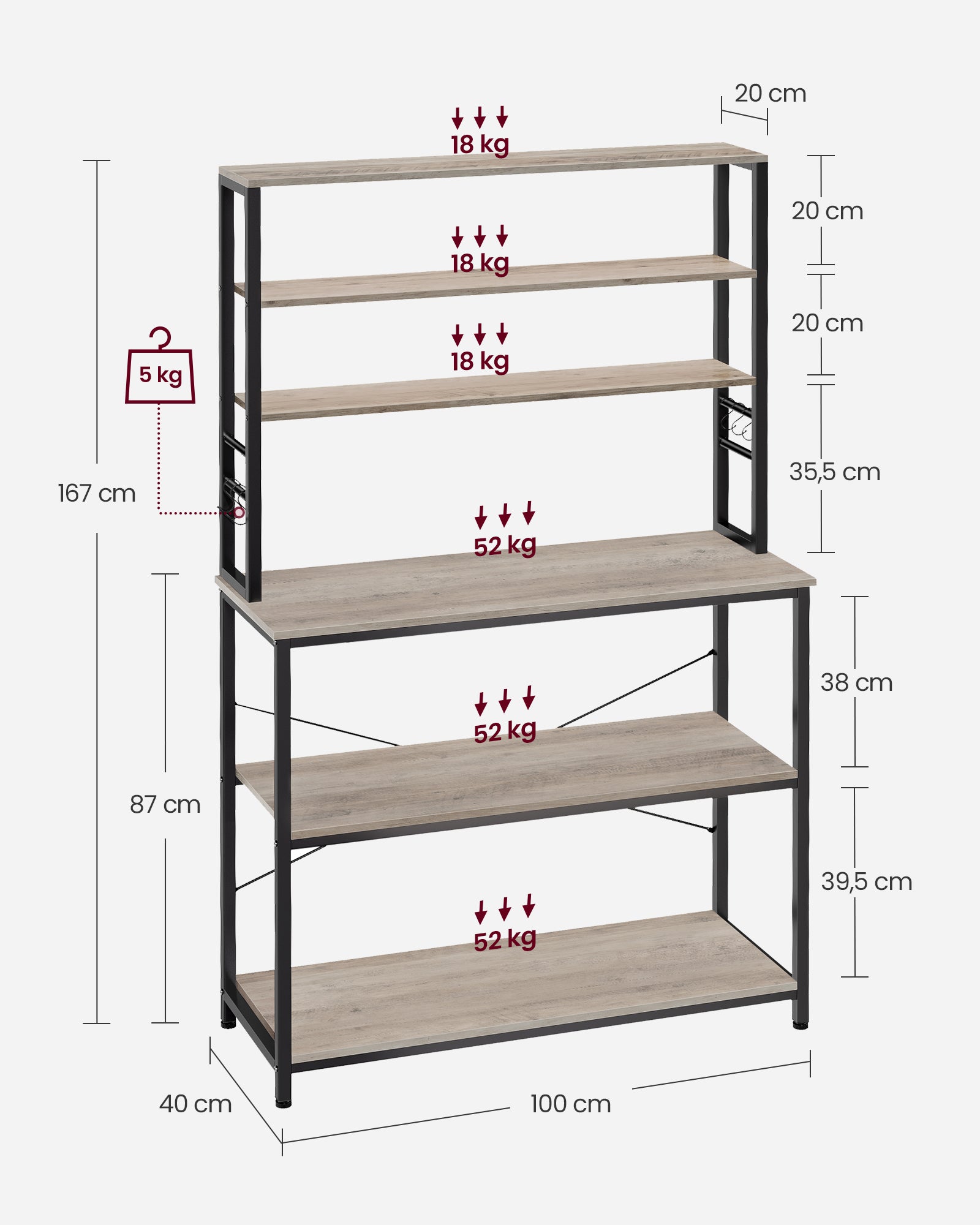 Kitchenplank 6 nivåer 40 x 100 x 167 cm grå-svart