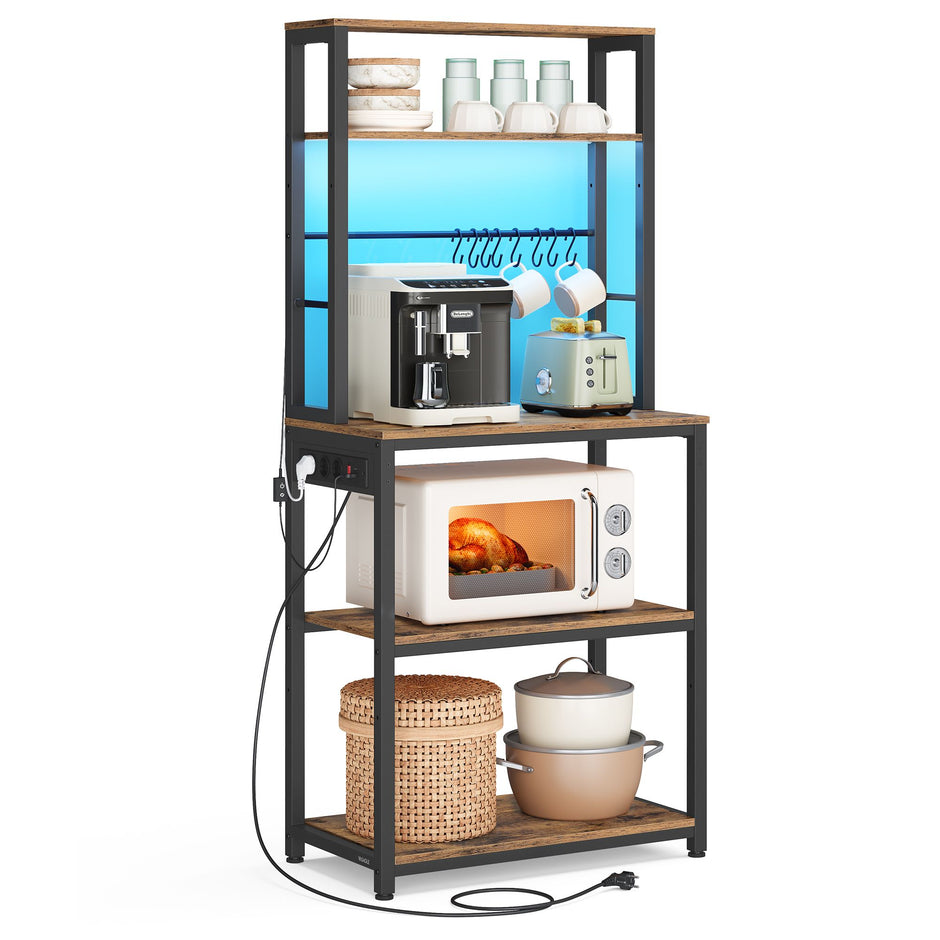 Keukenrek – LED-Verlichting en Stopcontacten – Verstelbare Planken – 8 Haken – 60 x 40 x 168 cm – Vintage Bruin en Zwart