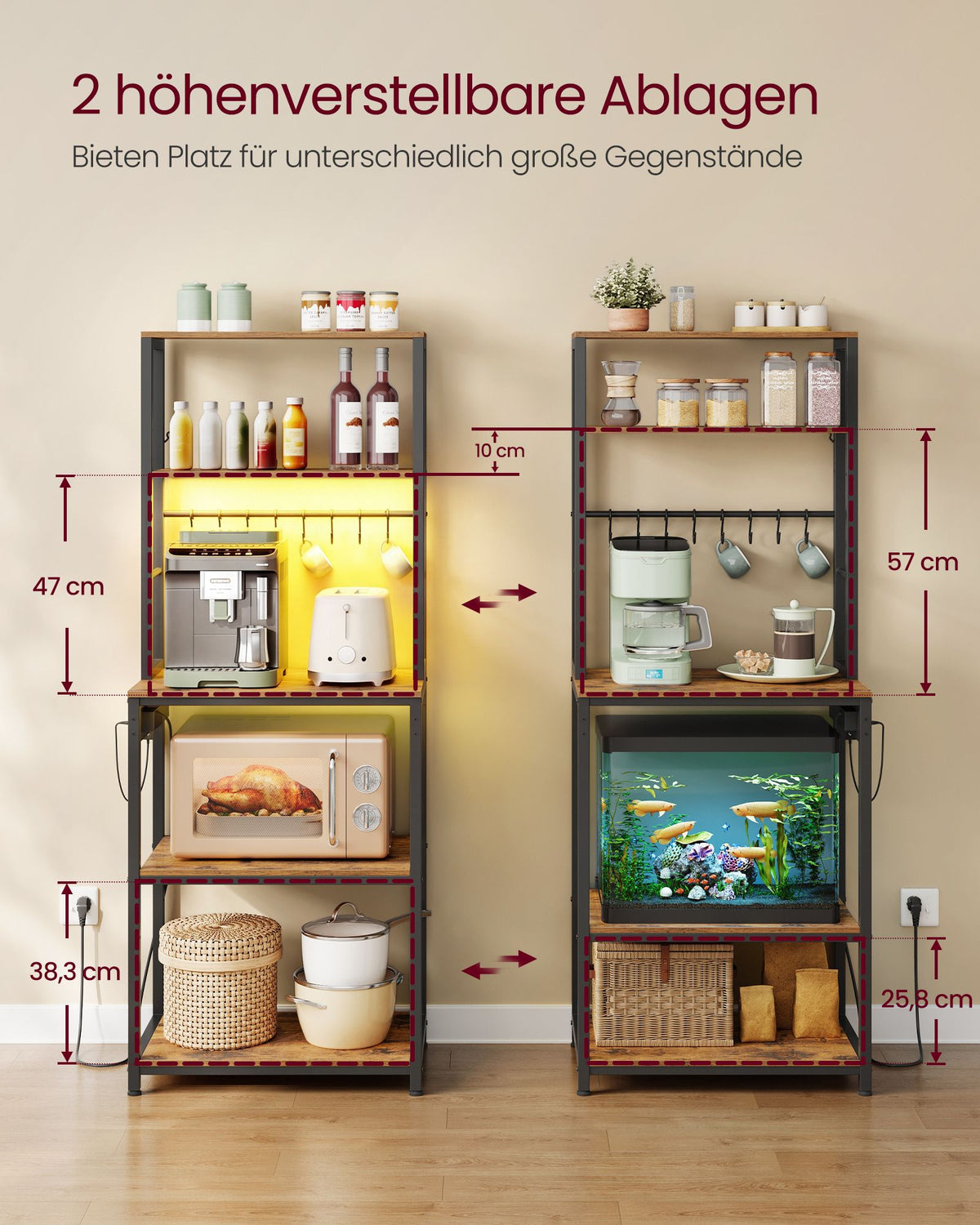 Keukenrek – LED-Verlichting en Stopcontacten – Verstelbare Planken – 8 Haken – 60 x 40 x 168 cm – Vintage Bruin en Zwart