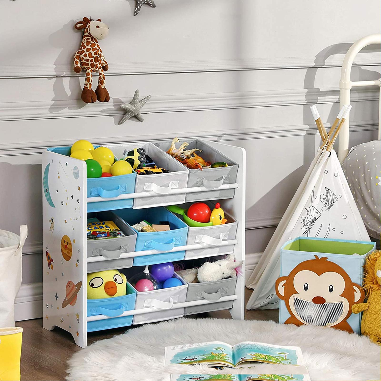 Barnskåp - Bokhylla för leksaker - 9 Fleece Storage Boxes - White/Blue