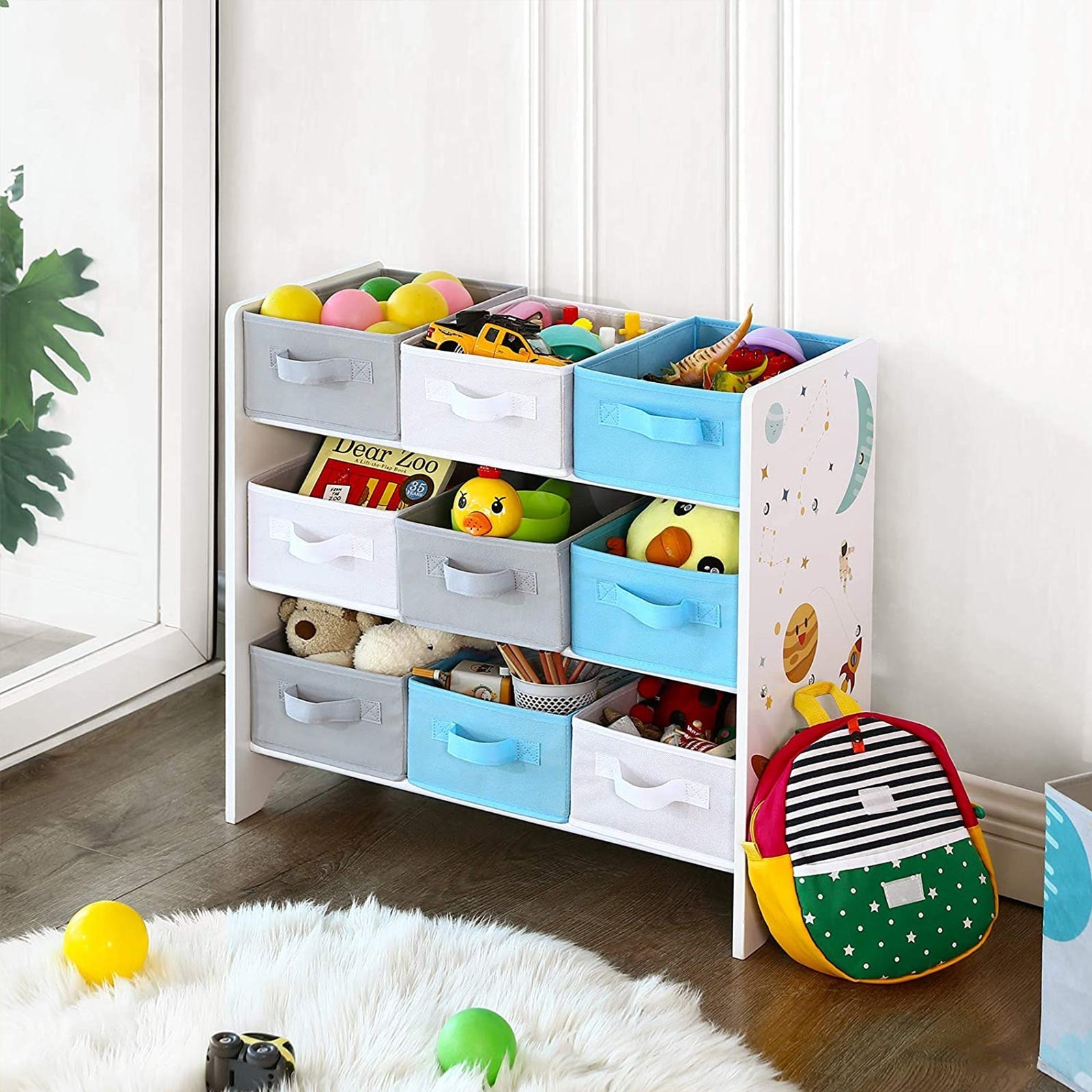 Barnskåp - Bokhylla för leksaker - 9 Fleece Storage Boxes - White/Blue