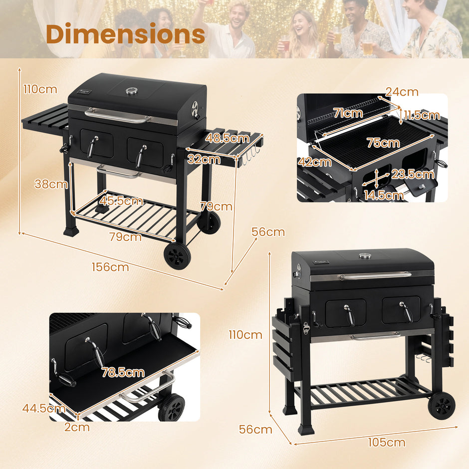 Kolgrill – med lock, grillvagn hjul och skyddstäcke, klotgrill termometer i