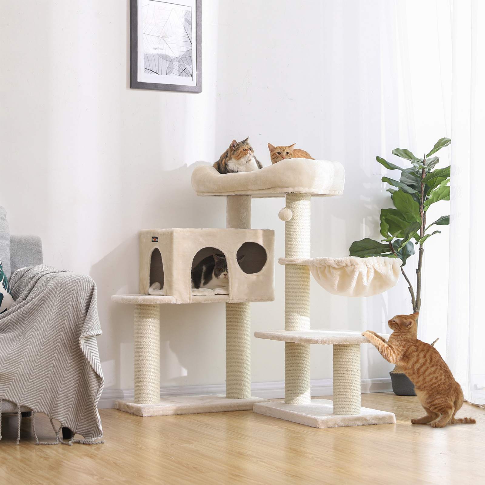 Scratching Post - klättringsträd - med plattform, hängmatta och grotta - grädde