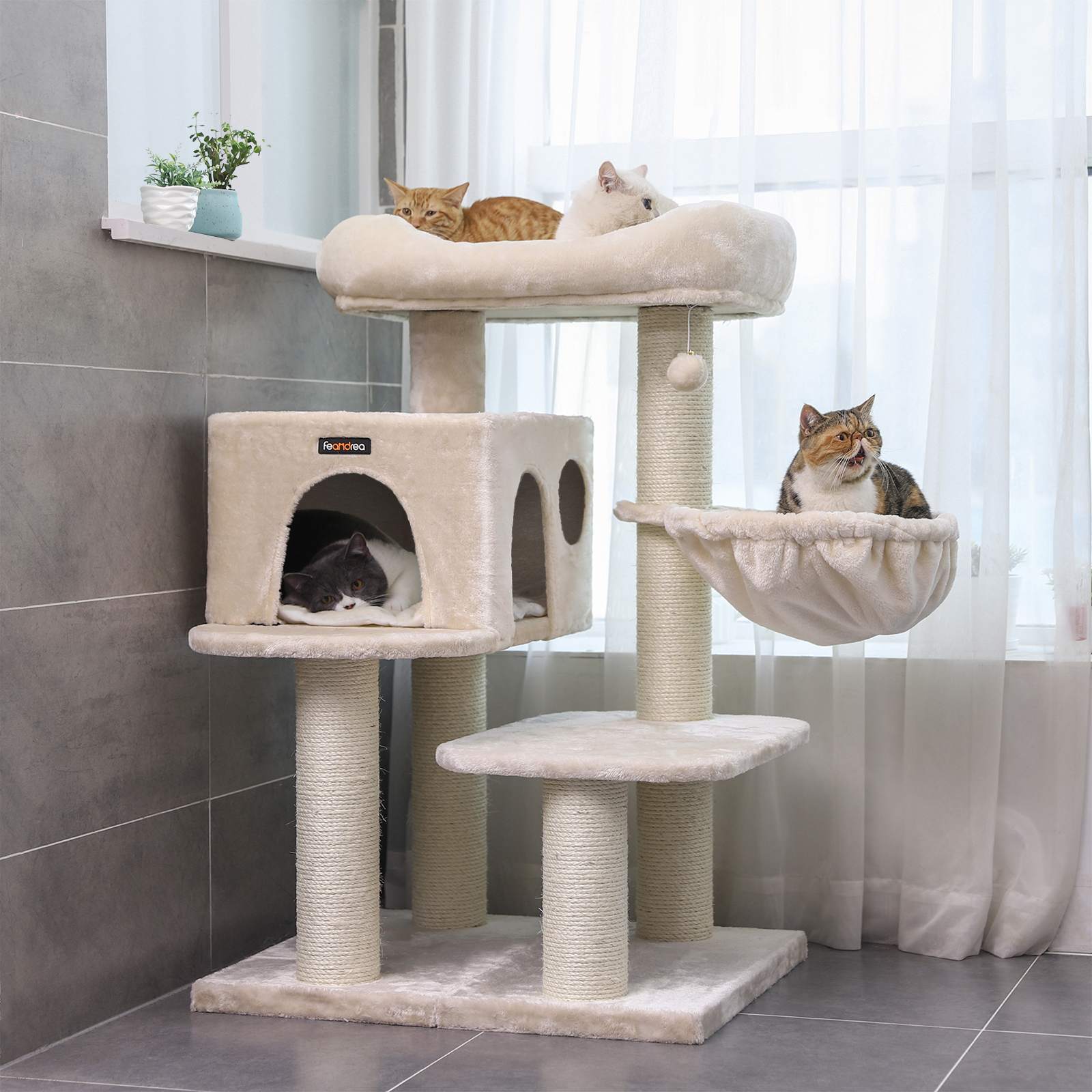 Scratching Post - klättringsträd - med plattform, hängmatta och grotta - grädde