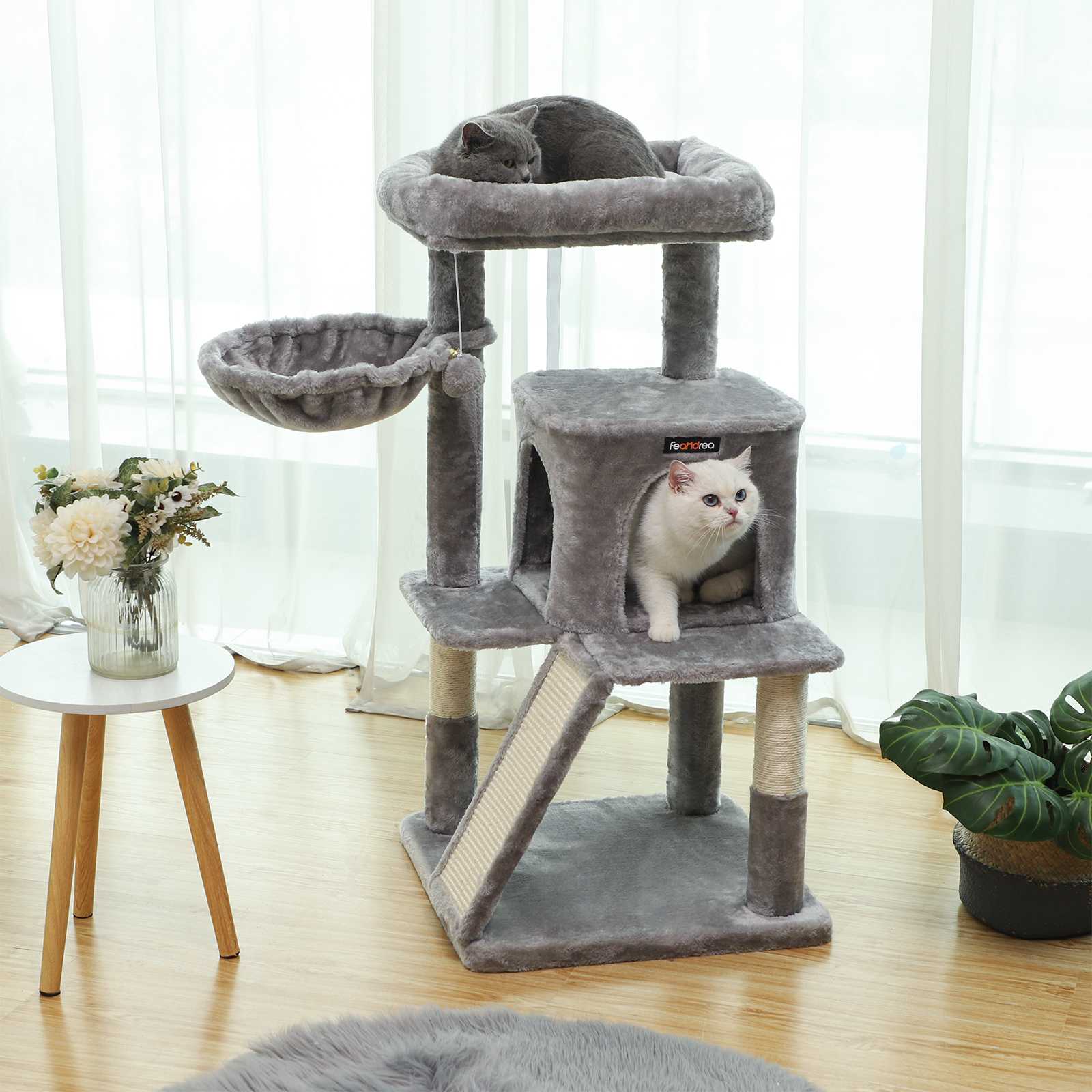 Kattträd – Klättertorn med stor plattform och grotta – Grå