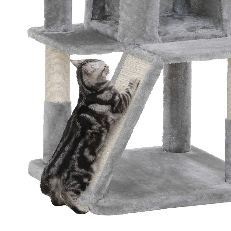 Kattträd – Klättertorn med stor plattform och grotta – Grå