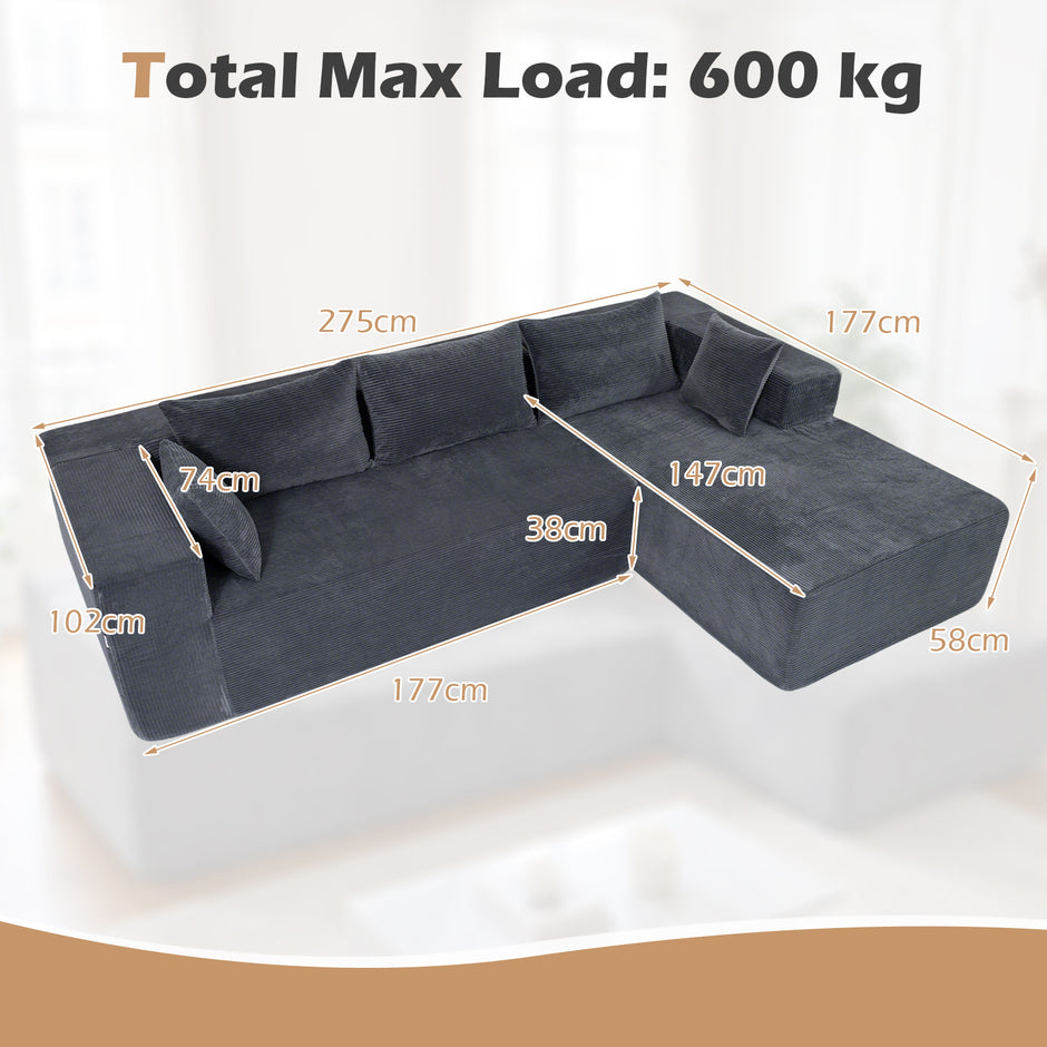 L‑formad – modulsoffa för personer med schäslong, bärkapacitet upp till – 4 600 kg 275 x 177 x 58 cm