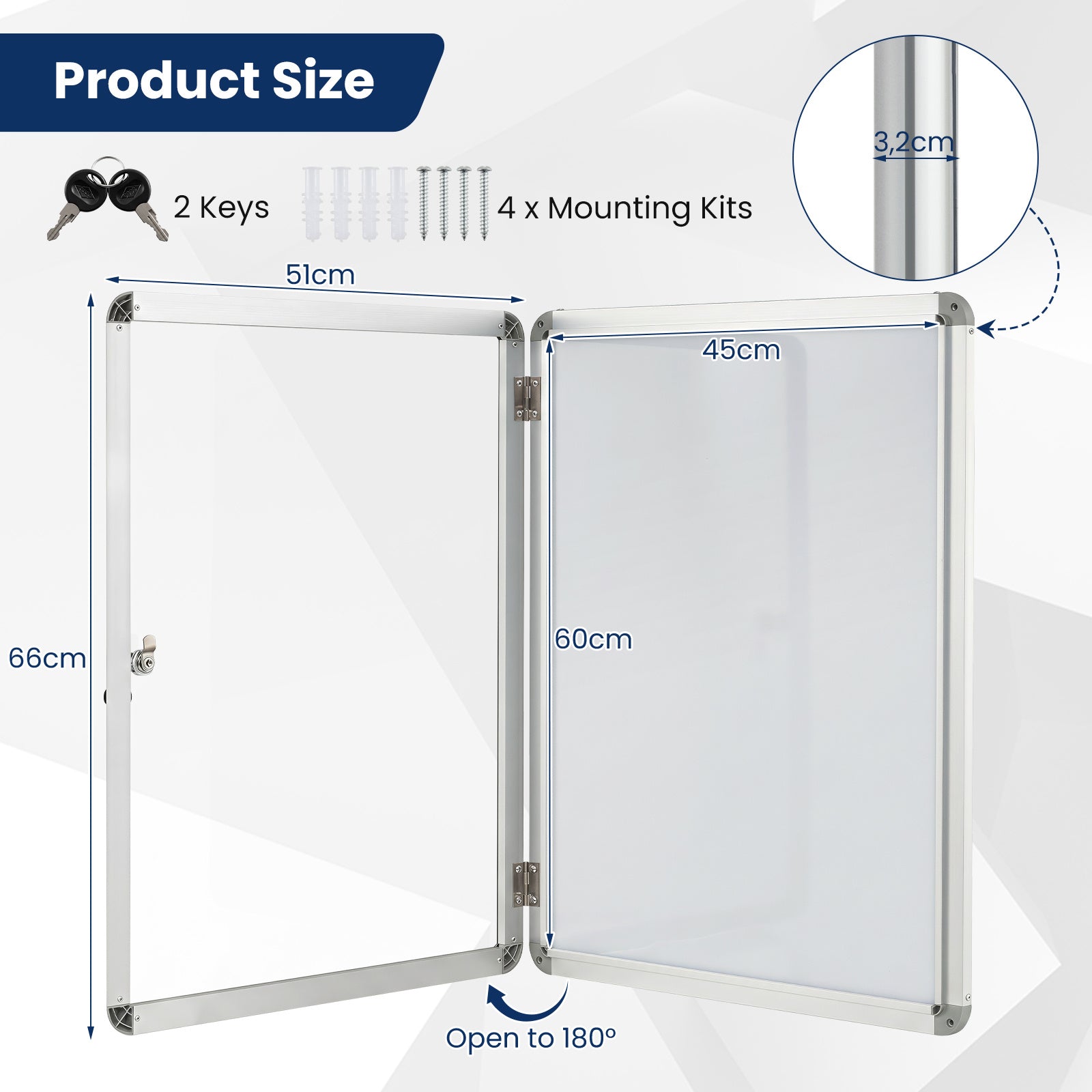 Låsbar – informationsskåp med magnetisk och skrivbar bakplåt, – 60 x 45 cm