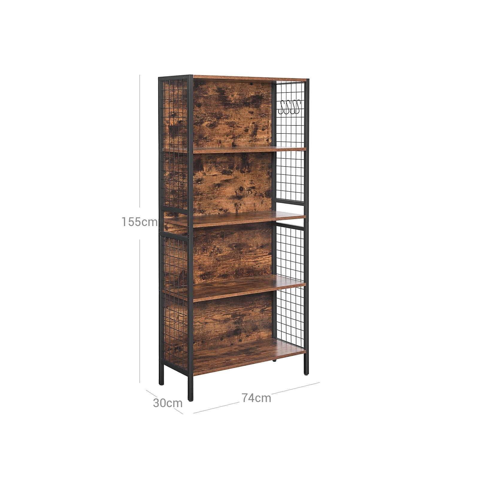 Bokhylla – 4 hyllor med S-krokar – Industriell – Brun/Svart