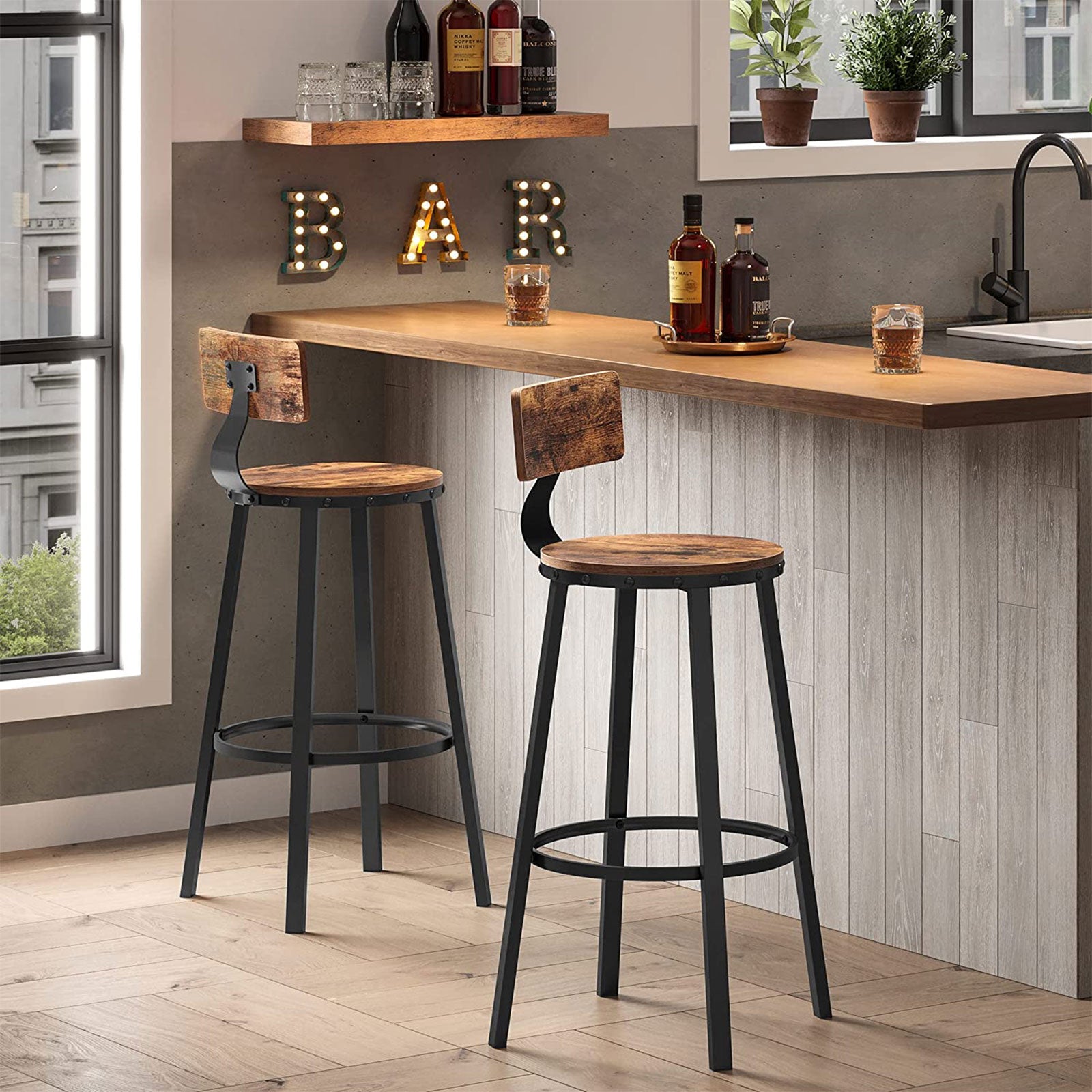 Barstolar – Set om 2 med ryggstöd – Träsits – Brunsvart