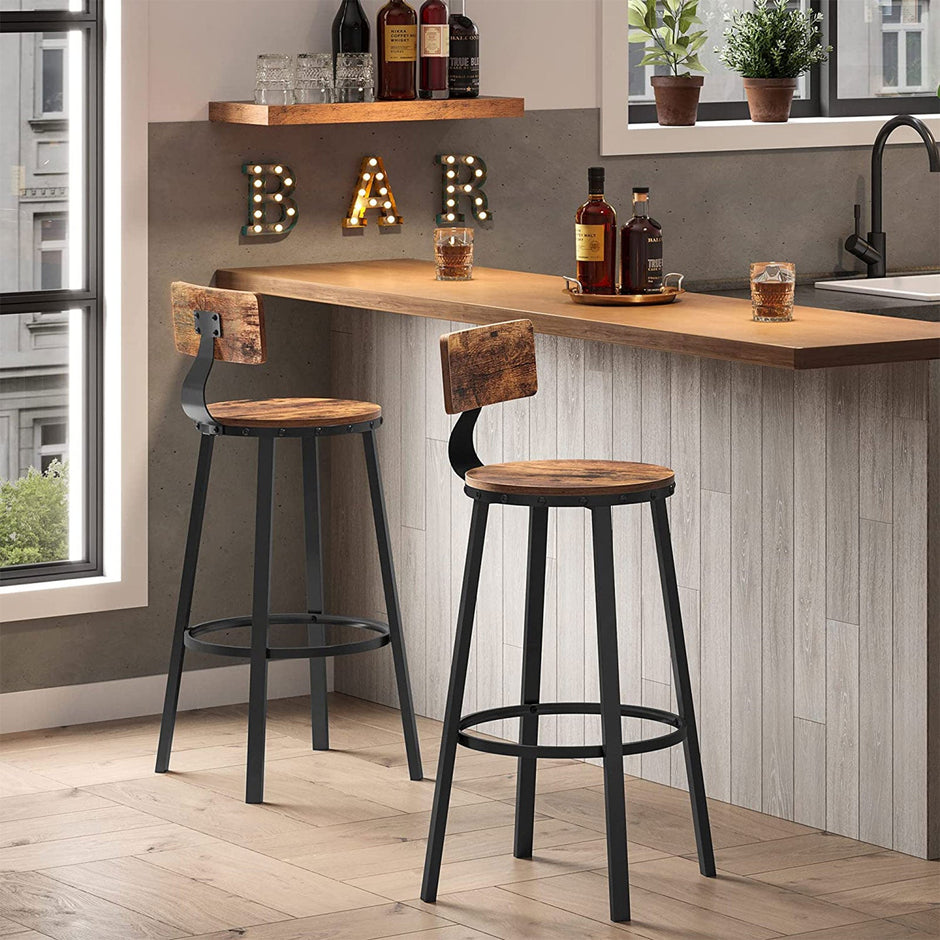 Barstolar – Set om 2 med ryggstöd – Träsits – Brunsvart